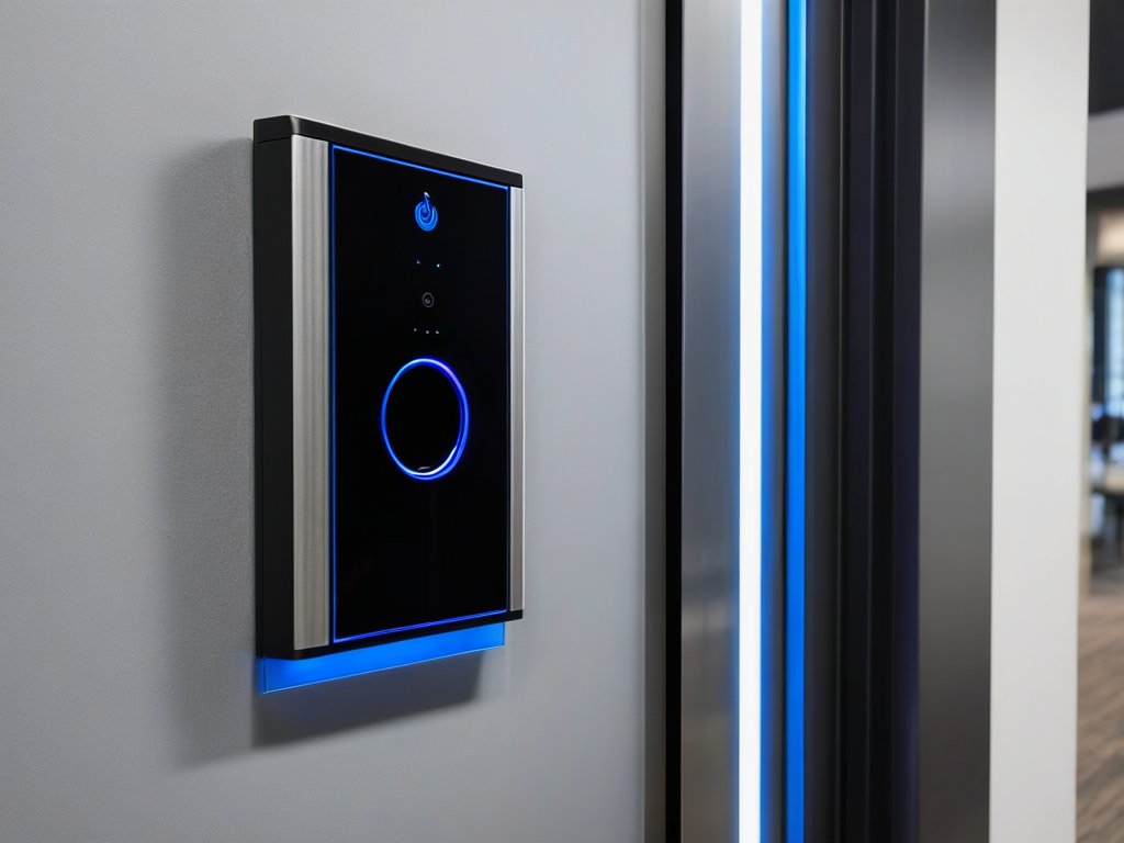Wall-mounted access control card reader beside a commercial glass door