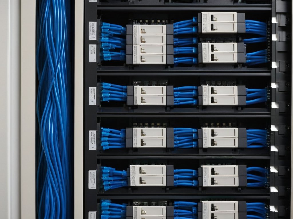 Neatly organized network cabling routed into a server rack