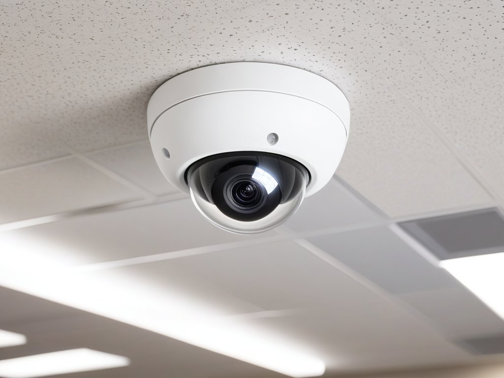 Dome security camera cleanly flush-mounted on a commercial ceiling