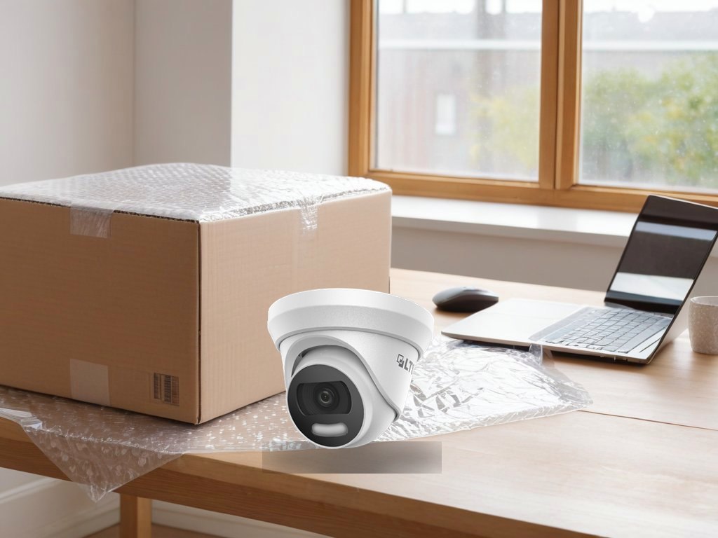 Business owner unboxing a turret security camera at a desk