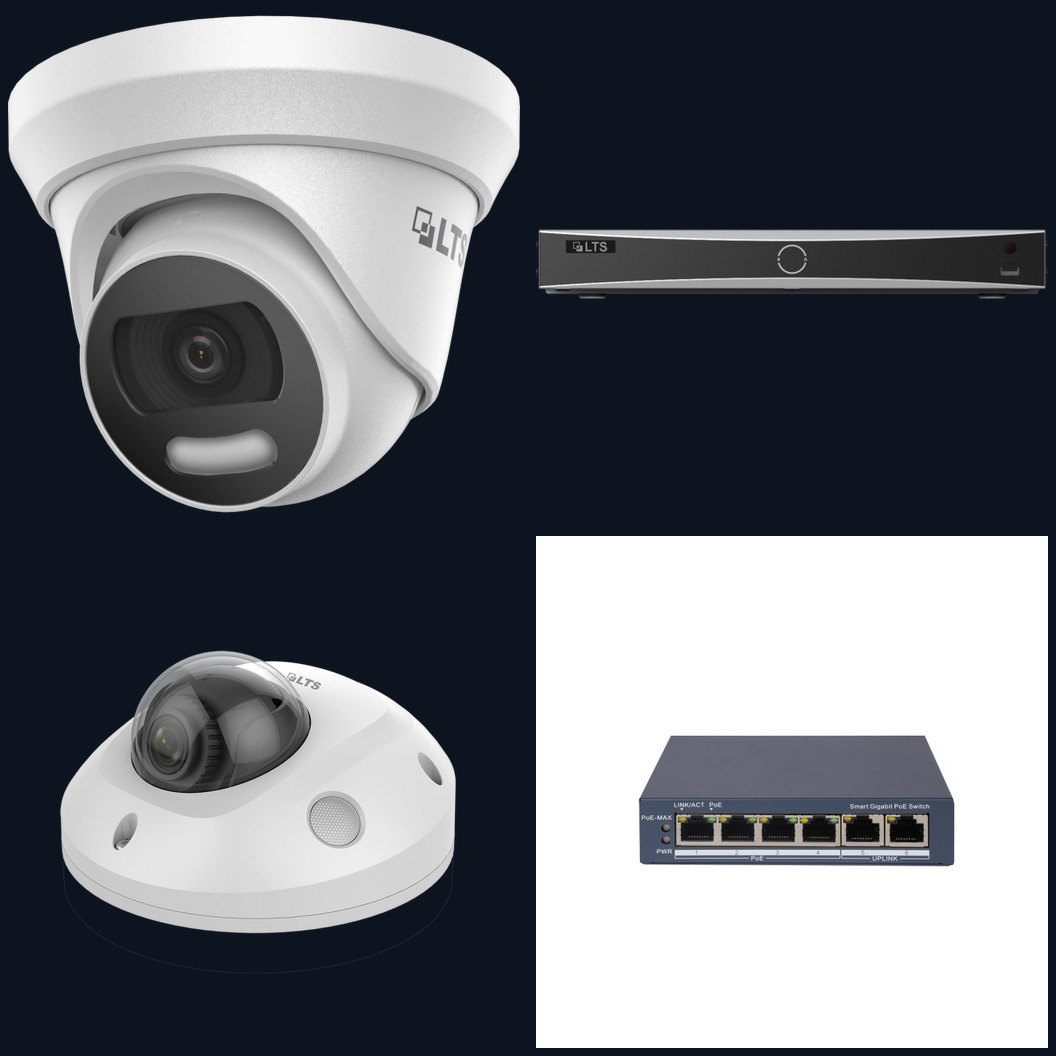 LTS turret camera, 8K NVR, mini dome camera and PoE switch from the USS equipment catalog